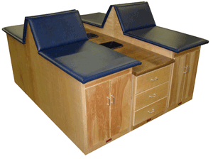 Four Seat Classic Island, with Classic Taping Cabinets with Backrests, and Two Classic Three Drawer Supply Cabinets 
