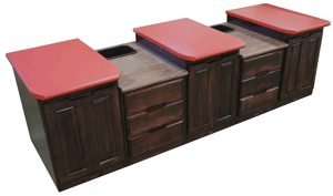 Three Seat Pro Taping Station, CUSTOM Mahogany Wood Finish, with Pro Taping Cabinets and Optional Red Laminated Front Taping Seats, and Pro Three Drawer Supply Cabinets, with Optional Laminated Taping Seats 
