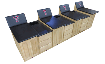 Four Seat Pro Taping Station, with Pro Taping Cabinets with Backrests and Optional Embroidered Team Logo, and Optional Laminated Front Taping Seats, and Pro Three Drawer Supply Cabinets with Optional Black Lamionate Tops. 